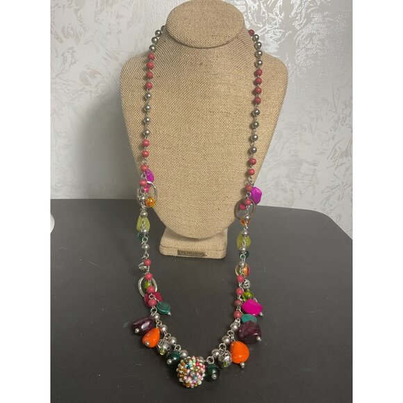 Colorful Beaded Necklace With Metal Balls & Lobster Clasp - Picture 1 of 5